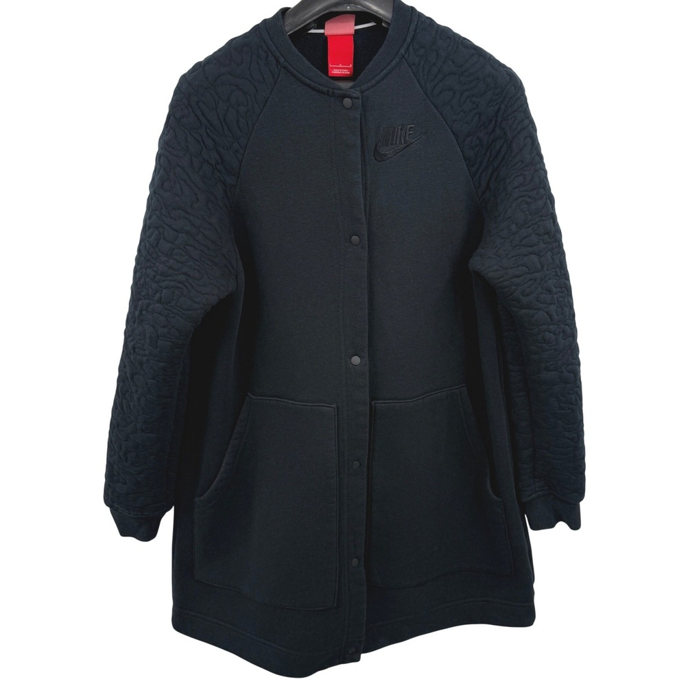 Nike Rally Long Sweater Jacket Quilted Sleeve Snap Womens Large Black Athleisure